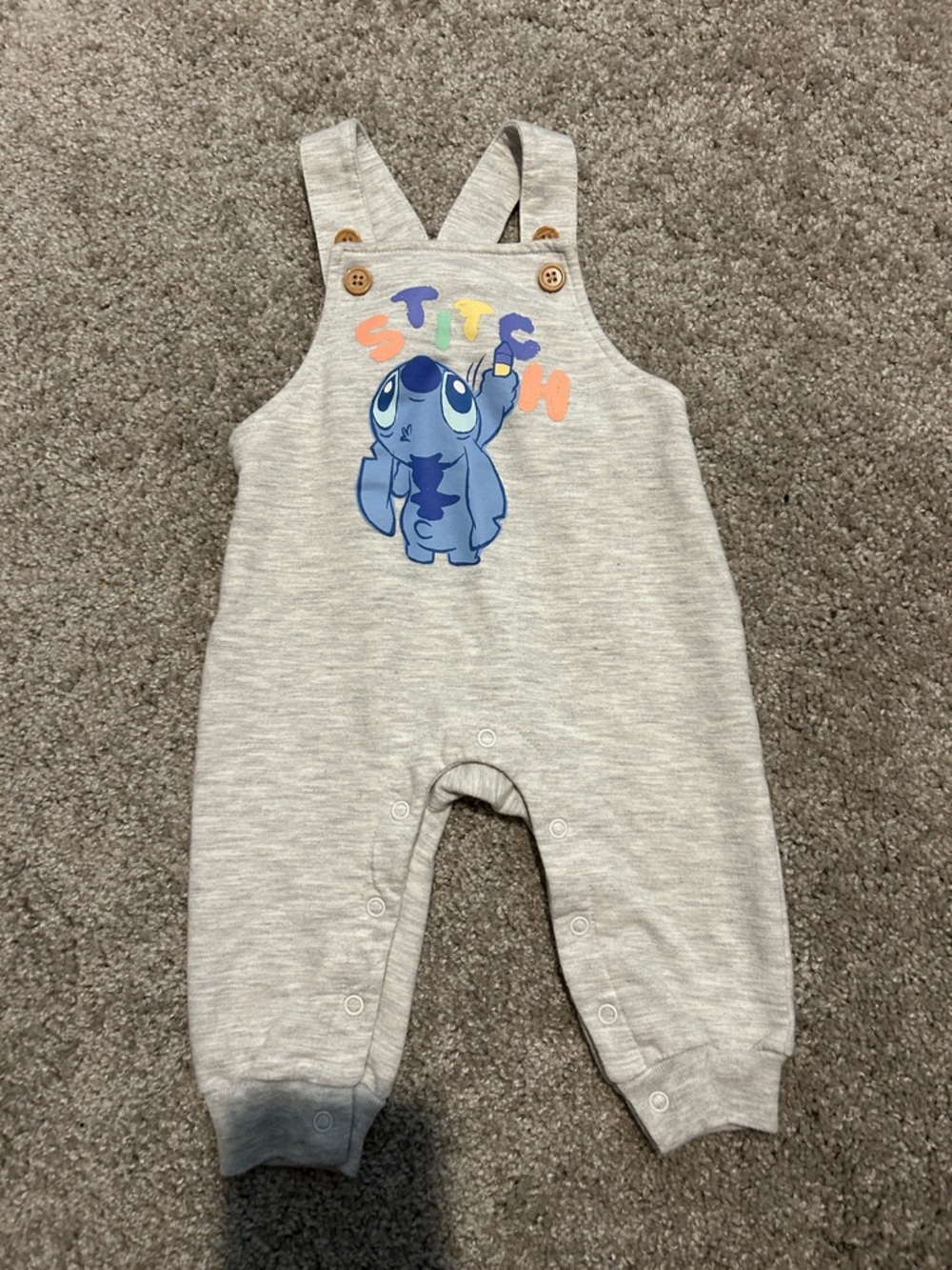 Disney Gray Overalls with Blue Stitch and Multicolor Lettering